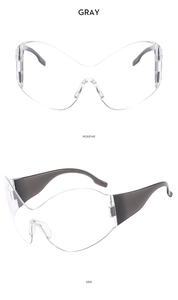 Front and side views of gray futuristic Y2K wrap around oversized sunglasses
