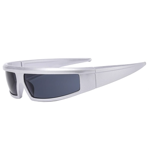Y2K futuristic silver wrap around sports sunglasses with dark grey mono lens in front view
