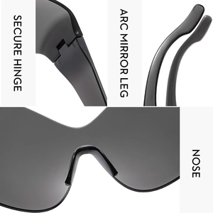 Detail of secure hinges, arc mirror legs, and nose pads on black Y2K sunglasses