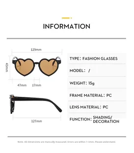 Guide des tailles pour lunettes de soleil cœur enfant avec largeur 129mm et détails PC
