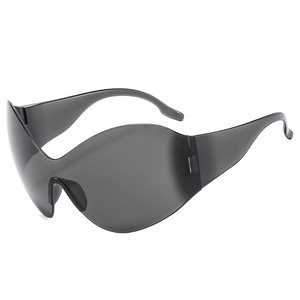 Futuristic Y2K wraparound oversized shield sunglasses in dark gray with cyberpunk aesthetic
