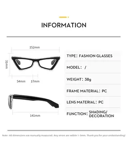 Detailed size specifications for cat eye anti-blue light glasses frame with dimensions