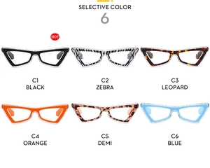 Selective color chart showing six different cat-eye frame options for blue light glasses