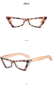 Detail view of irregular cat-eye frames with demi tortoise pattern and pink temples