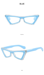 Cat-eye glasses frame in blue with glitter details shown in positive and side views