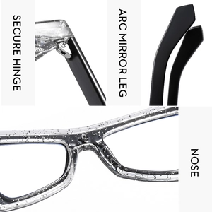 Detail of secure hinge and glitter cat-eye frame with ergonomic arc mirror legs