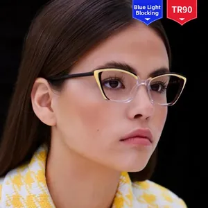 Gros plan des lunettes TR90 œil de chat anti-lumière bleue avec monture jaune et noir