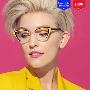 Gros plan de lunettes yeux de chat jaunes en TR90 avec verres anti-lumière bleue sur modèle