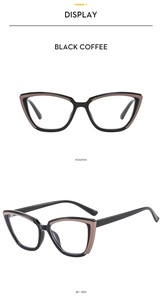 Détail de montures de lunettes cat eye en TR90 noir et café, vues de face et de profil