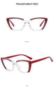 Vue détaillée de la monture œil-de-chat TR90 rouge transparent de face et de profil