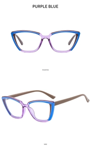 Lunettes œil-de-chat bicolores bleu et violet avec vues détaillées de face et de profil