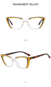 Vues détaillées de face et de côté des lunettes cat-eye TR90 jaune transparent anti-lumière
