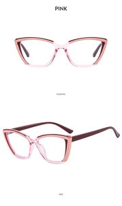 Monture de lunettes œil de chat rose TR90 anti-lumière bleue, vues de face et de côté