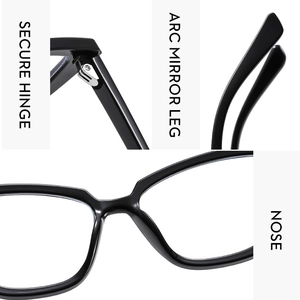 Détails de charnière renforcée, branches incurvées et plaquettes de nez sur lunettes TR90