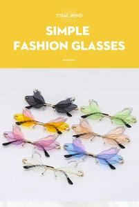 Detailed view of dragonfly wing rimless sunglasses with sparkling crystal rhinestones