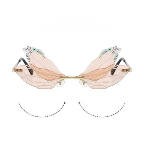 Close-up of rimless butterfly wing sunglasses with pink gradient lenses and crystals