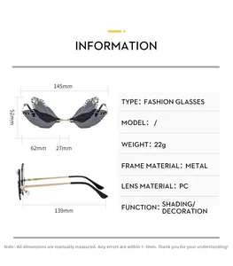 Size chart for rimless dragonfly wing sunglasses showing detailed frame dimensions