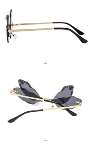Detailed side and back views of dragonfly wings sunglasses with rhinestones and pearls