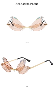Detailed views of gold-champagne dragonfly wing sunglasses with rhinestones and metal frame
