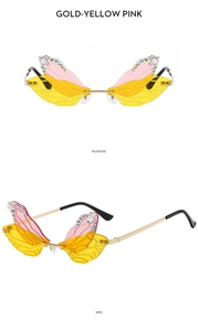 Detailed front and side views of rimless dragonfly wing sunglasses with pink gradient lenses