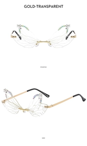 Detail of dragonfly sunglasses wing lens with gold frame and sparkling rhinestones