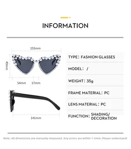 Detailed size guide for fashion heart pearl sunglasses showing lens width and frame dimensions