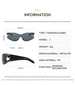 Spécifications détaillées des dimensions en mm de lunettes de soleil Y2K étoile enfant