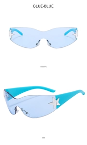 Vues détaillées de face et de profil de lunettes Y2K avec verres bleus et monture cyan