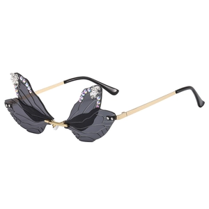 Rimless butterfly wing sunglasses with colorful rhinestones and silver bee accents