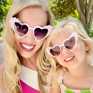 Matching pink heart sunglasses with pearls and personalized MAMA letters for women