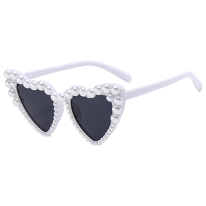 Elegant white heart-shaped sunglasses with pearl inlay and dark lenses for women