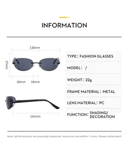 Detailed size chart for rimless Y2K sunglasses with dimensions and metal frame specs
