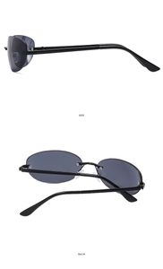 Side and back view details of retro rimless oval Y2K sunglasses with black metal temples