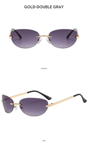 Detail view of gold rimless Y2K sunglasses with double gray gradient oval lenses