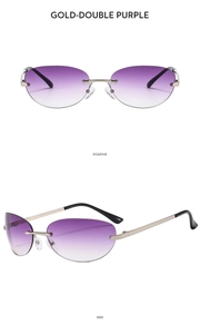 Detailed front and side views of rimless Y2K sunglasses with purple gradient lenses