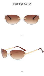 Front and side views of rimless Y2K sunglasses with gold metal temples and tea lenses