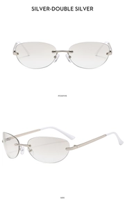 Front and side views of rimless Y2K sunglasses with silver metal frame and grey lenses