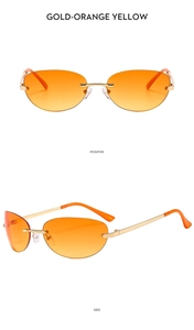 Front and side views of gold-orange yellow rimless Y2K sunglasses with metal frame