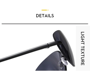 Detail of rimless Y2K sunglasses with black metal temples and gray gradient lenses