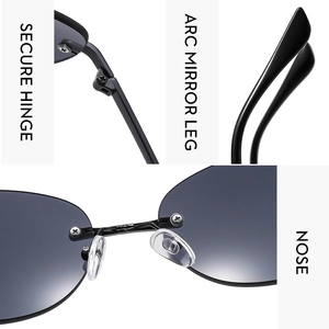 Detail view of reinforced metal hinges and comfortable silicone nose pads on frameless sunglasses
