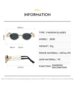 Detailed dimension chart for oval metal punk sunglasses with rhinestone frames and PC lenses