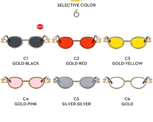 Detailed view of oval metal punk sunglasses showing six luxury rhinestone color options