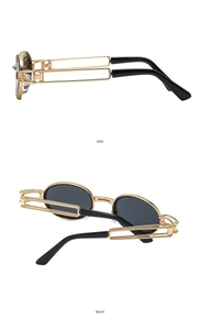 Side and back view of oval punk sunglasses with gold hollow metal frames and dark lenses