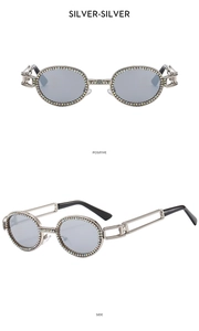 Detailed views of silver oval sunglasses with crystal-embellished metal punk frames