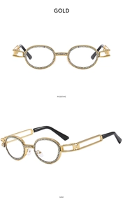 Detail view of oval rhinestone sunglasses with gold metal geometric hollow temples