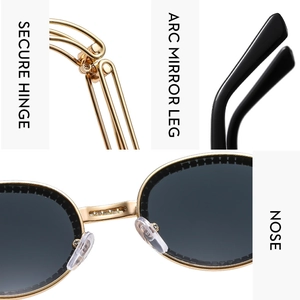 Detailed views of gold oval sunglasses showing secure hinges and ergonomic arc mirror legs
