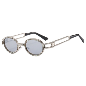 Oval rhinestone punk sunglasses with metal chain temples and grey lenses on white background