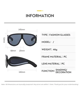 Detailed size chart of oversized punk sunglasses with 145mm width and 140mm temple length
