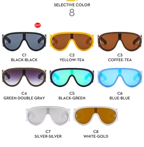Selection of 8 trendy oversized wrap sunglasses in various frame and lens colors