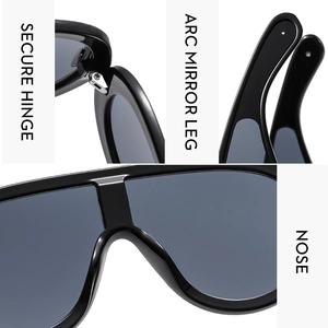 Detail view of secure metal hinges, ergonomic arc legs and comfortable nose pads of sunglasses
